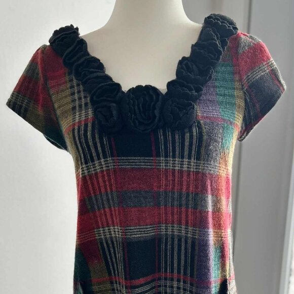 Yumi Multicolour Plaid Wool Blend Knit Tunic Dress with Rosette Neckline – US S - Picture 3 of 13